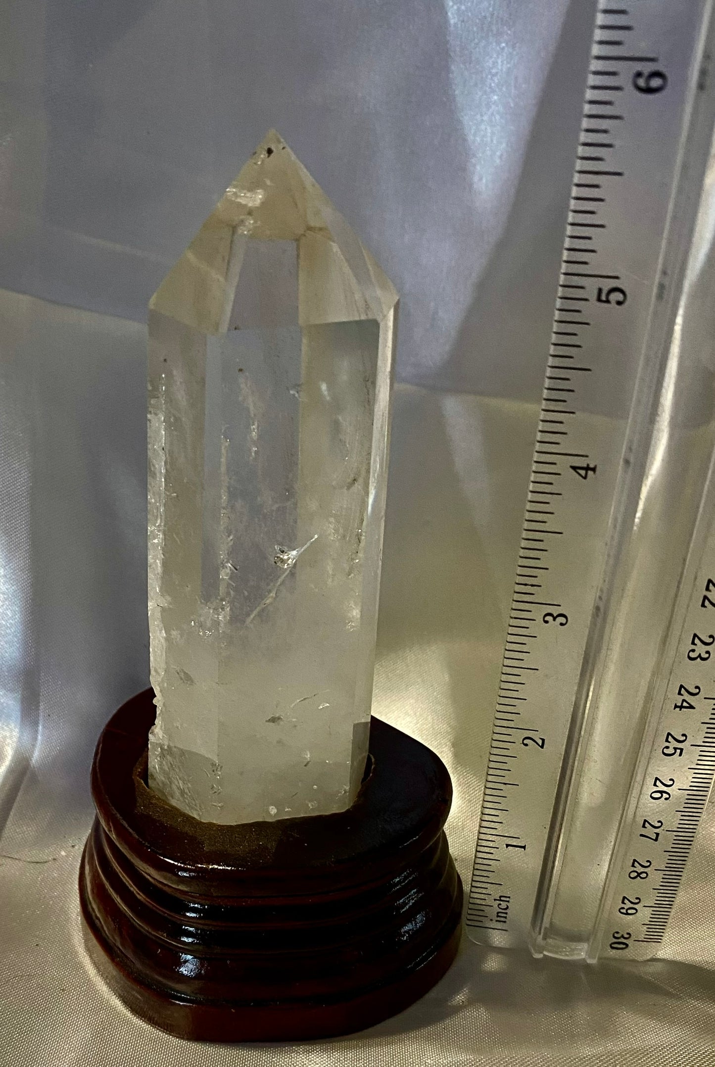 Clear Quartz Tower with Custom-Carved Wooden Stand