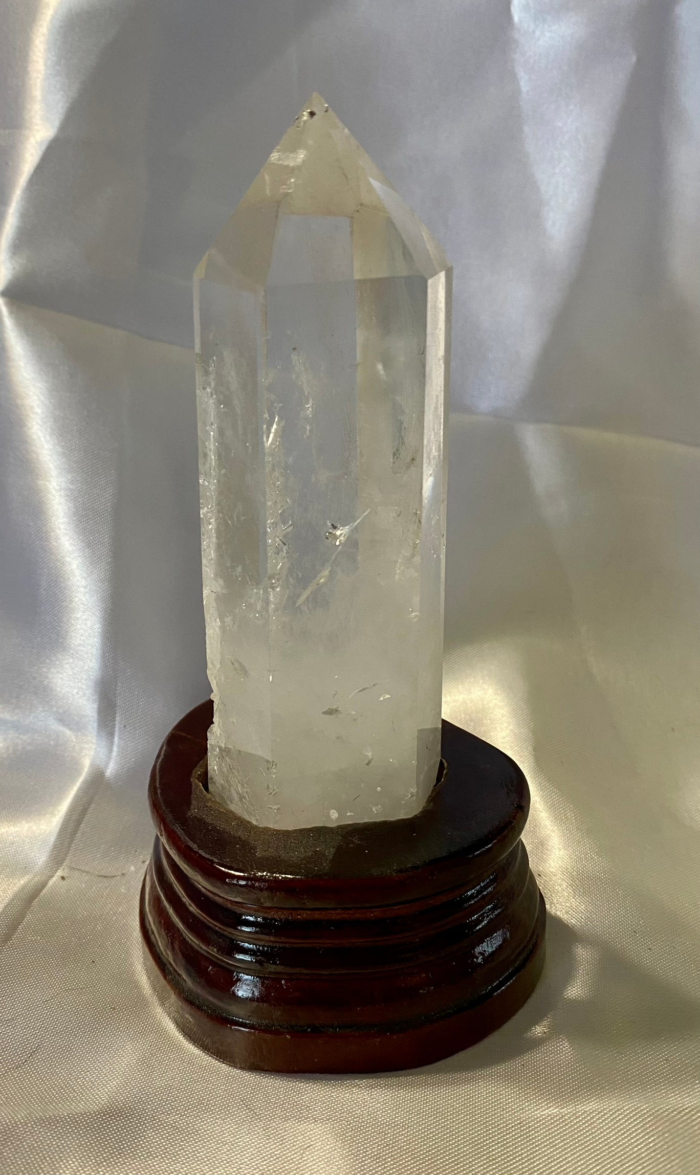 Clear Quartz Tower with Custom-Carved Wooden Stand