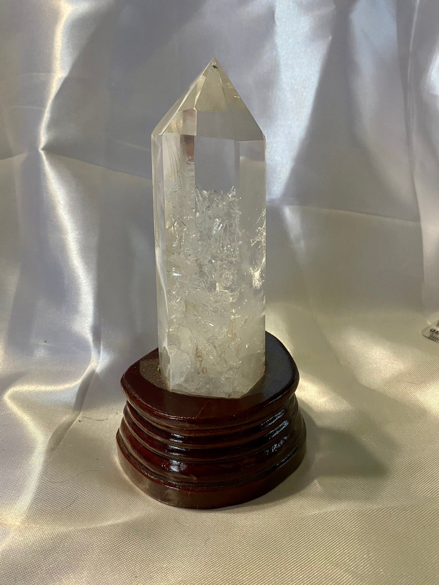 Clear Quartz Tower with Custom-Carved Wooden Stand