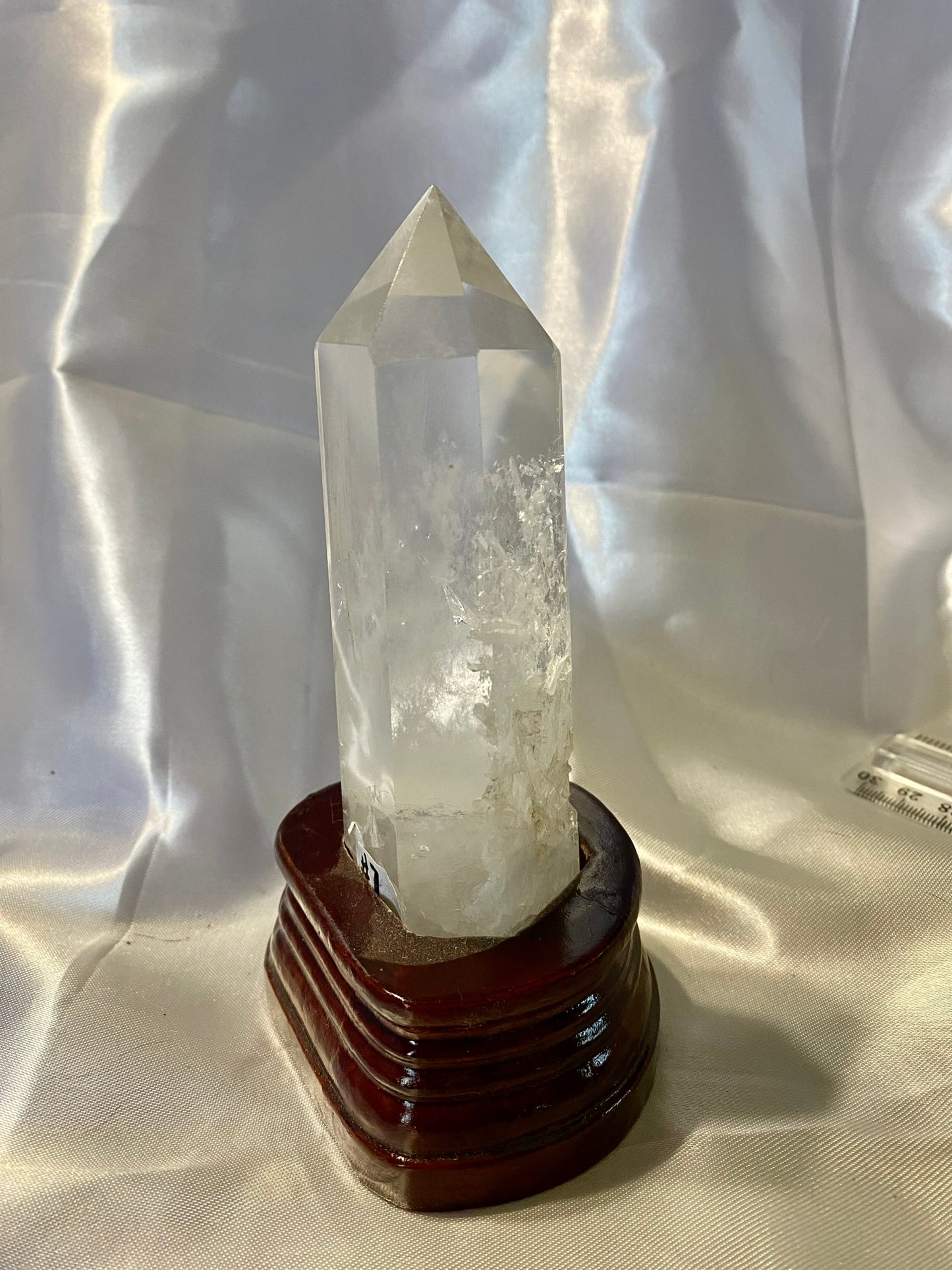 Clear Quartz Tower with Custom-Carved Wooden Stand