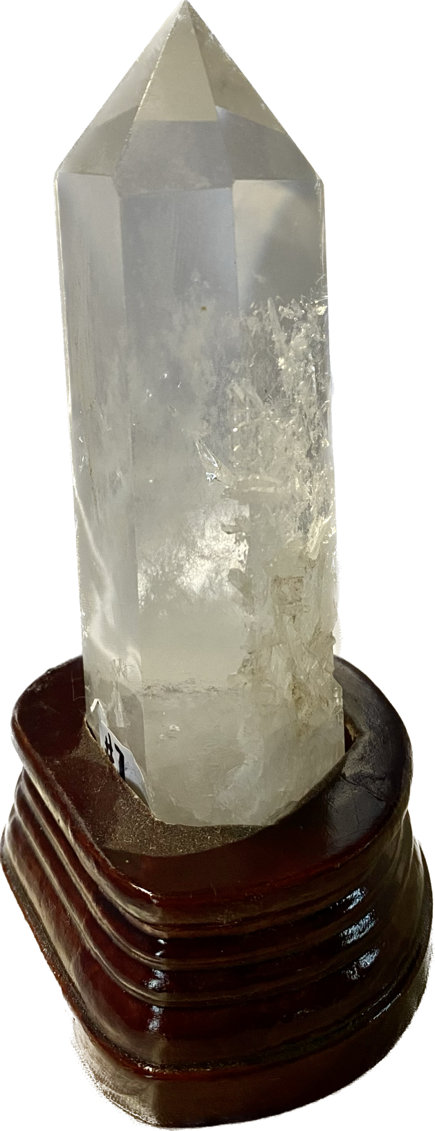 Clear Quartz Tower with Custom-Carved Wooden Stand