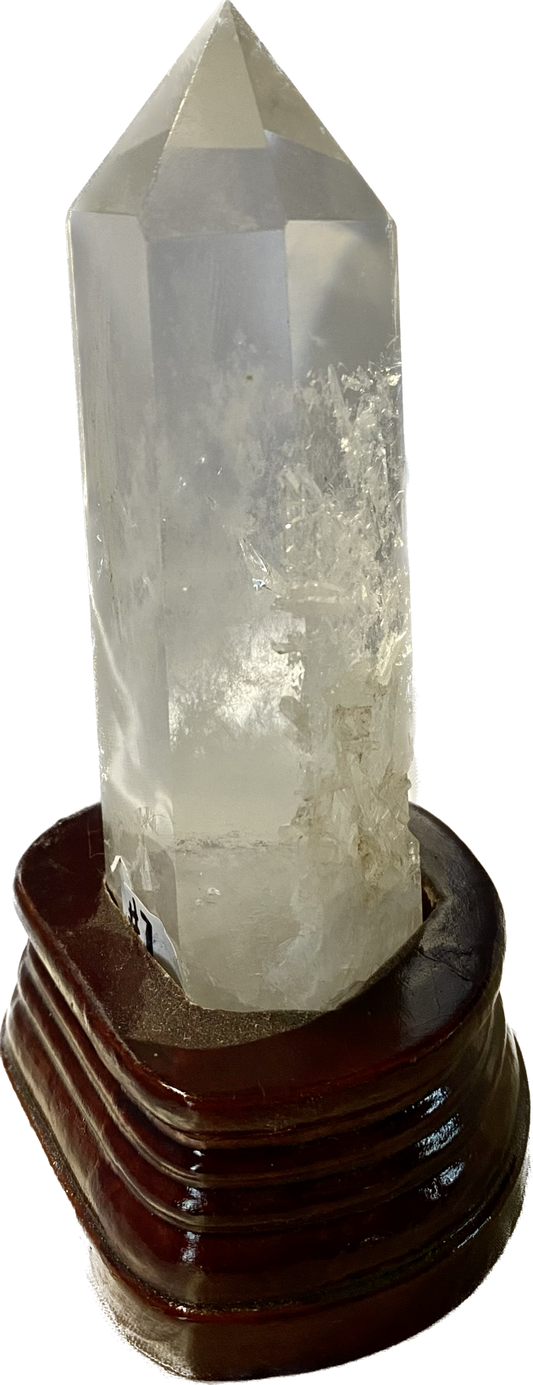 Clear Quartz Tower with Custom-Carved Wooden Stand