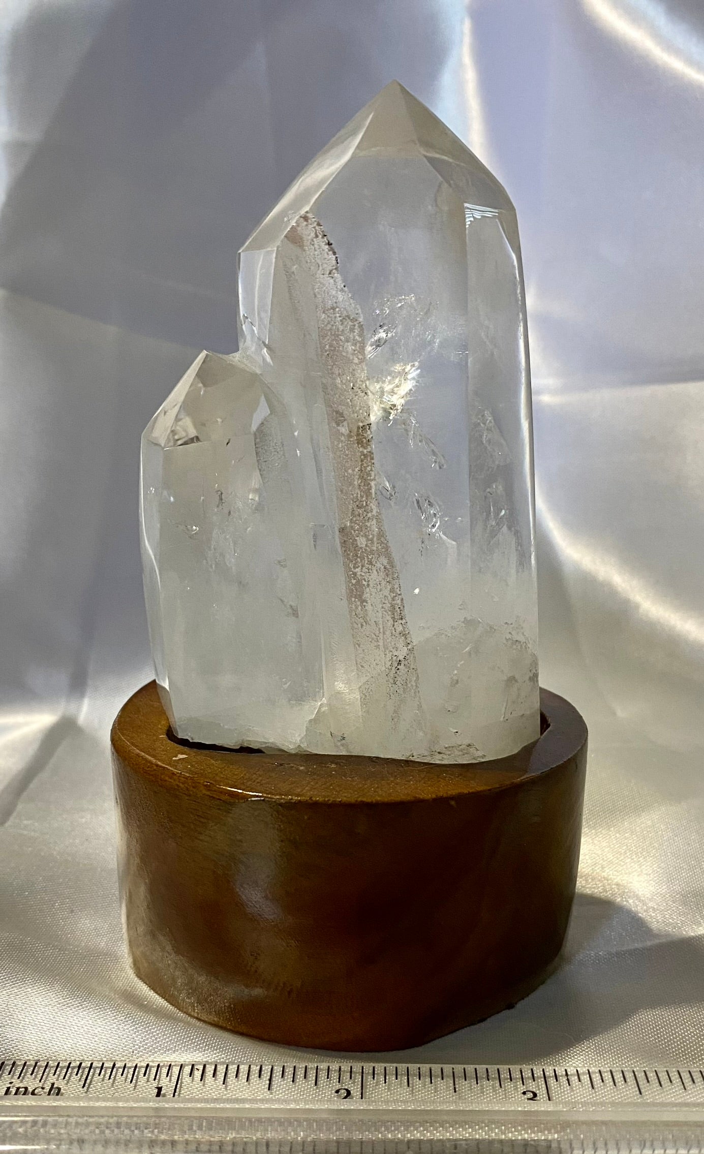 Clear Quartz Cluster or Double Tower with Custom-Carved Wooden Stand