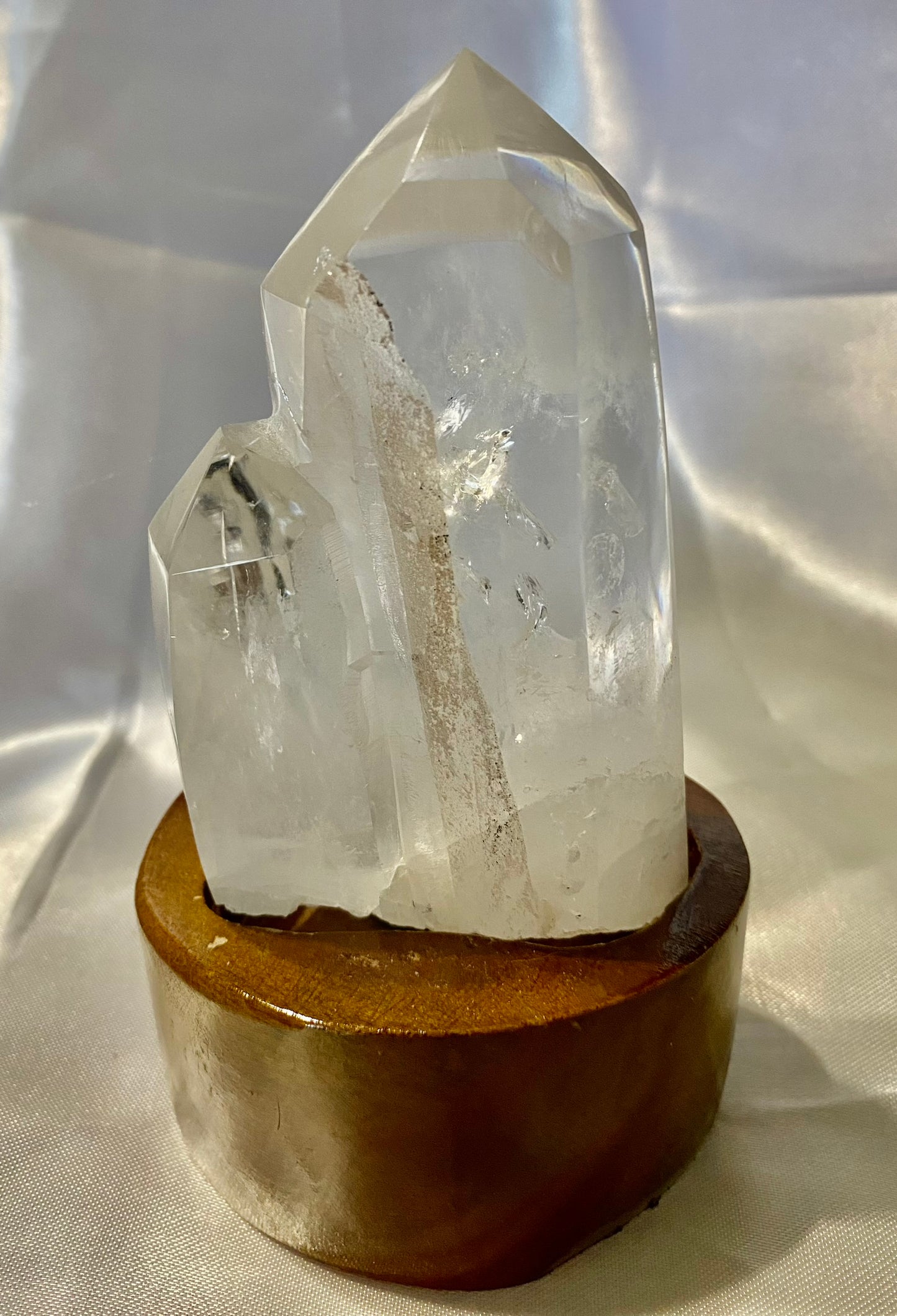 Clear Quartz Cluster or Double Tower with Custom-Carved Wooden Stand