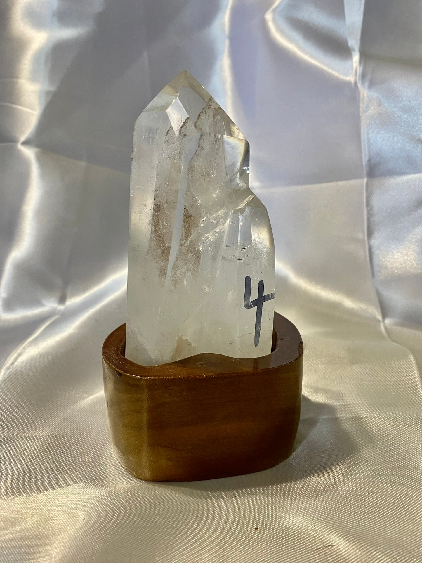 Clear Quartz Cluster or Double Tower with Custom-Carved Wooden Stand