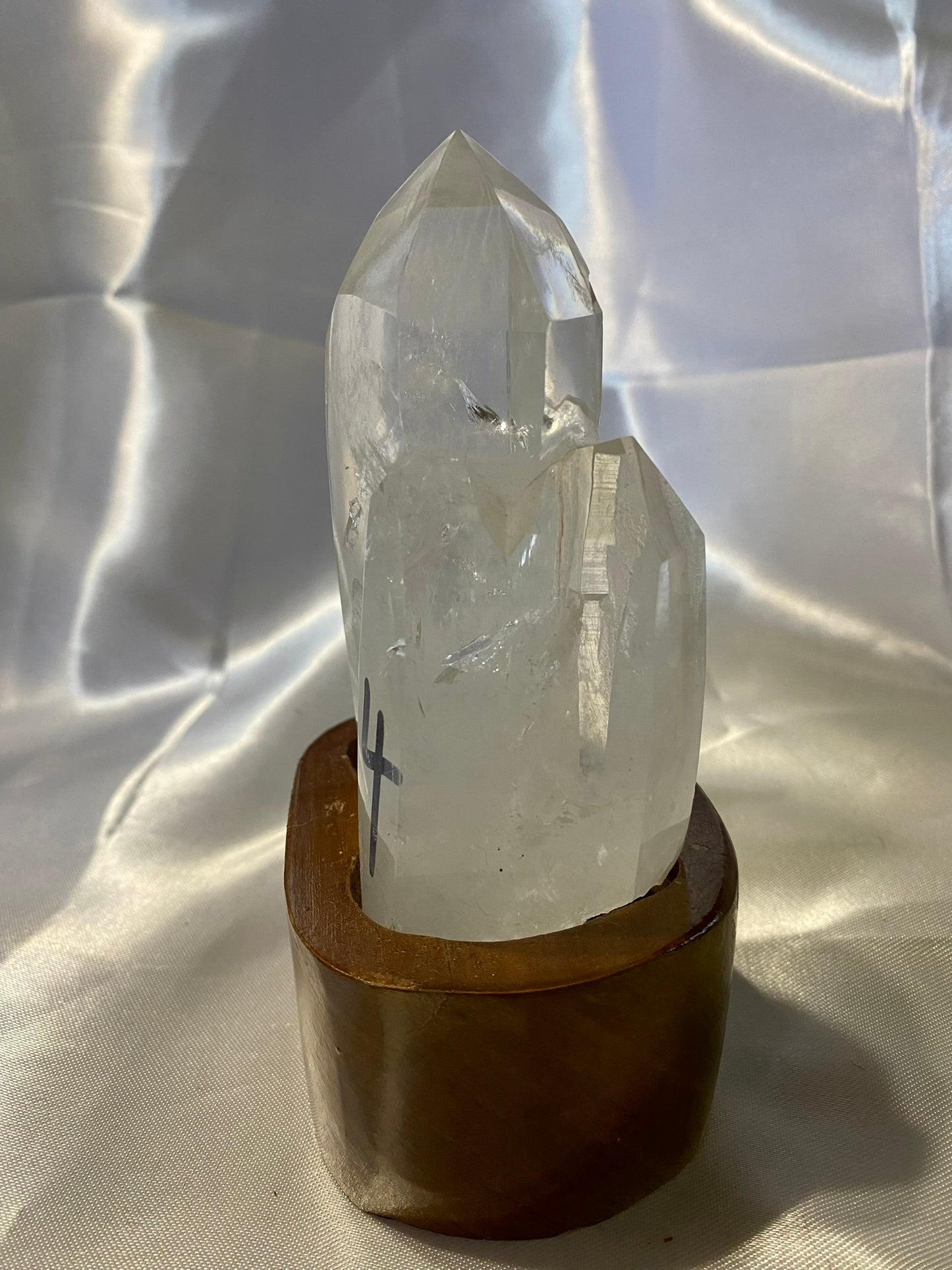 Clear Quartz Cluster or Double Tower with Custom-Carved Wooden Stand