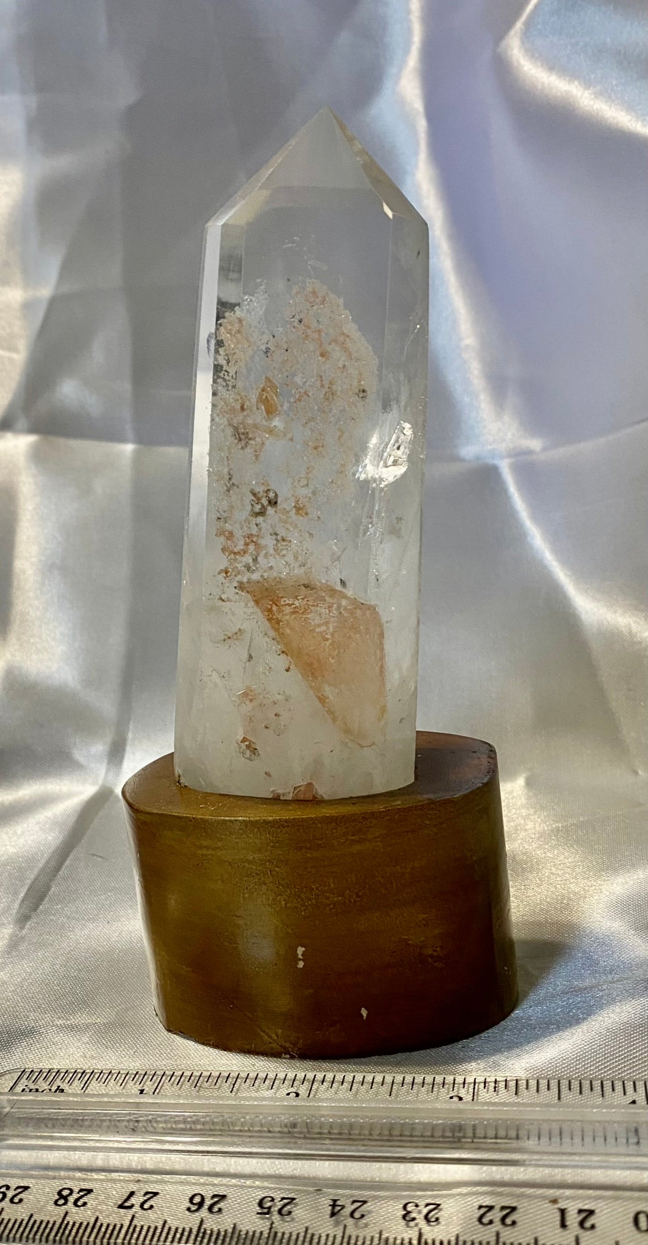 Clear Quartz Tower with Custom-Carved Wooden Stand