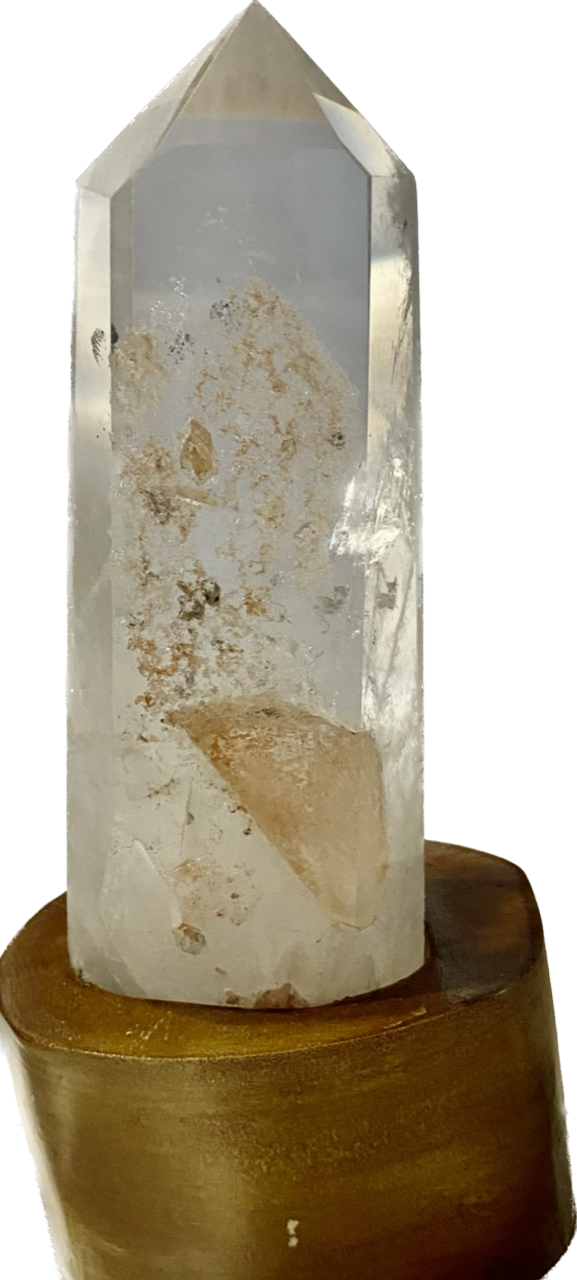 Clear Quartz Tower with Custom-Carved Wooden Stand