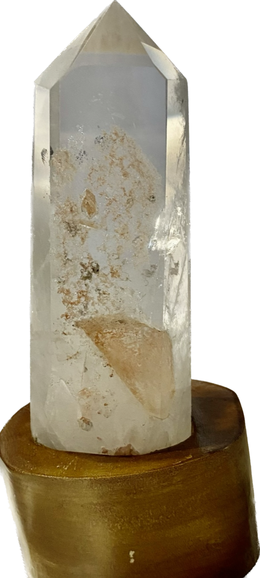 Clear Quartz Tower with Custom-Carved Wooden Stand