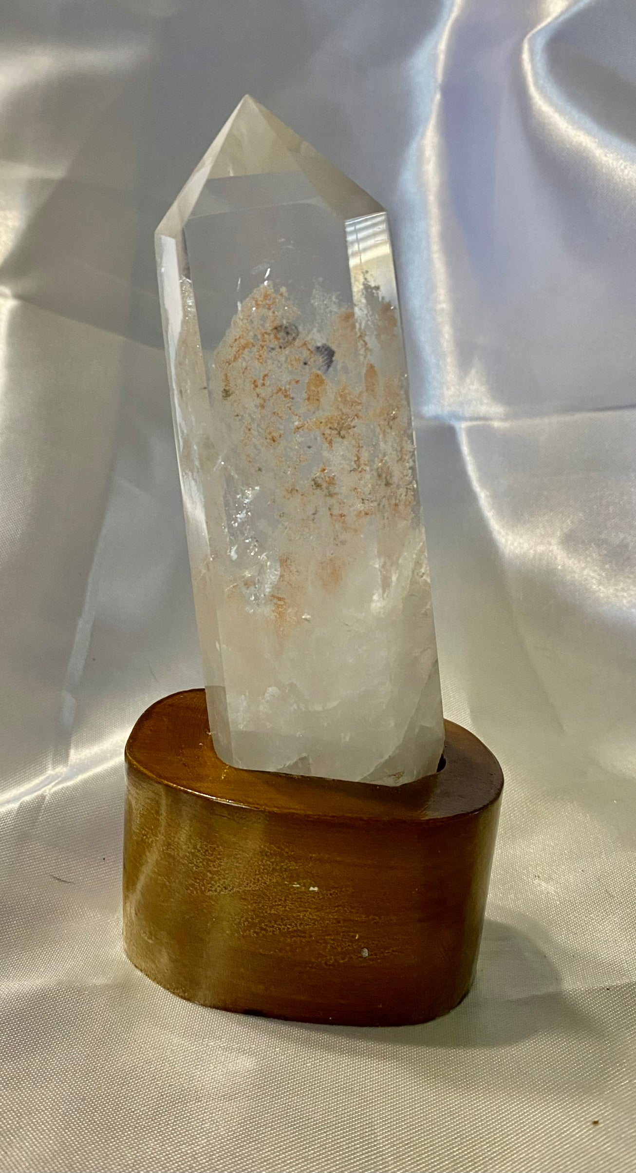 Clear Quartz Tower with Custom-Carved Wooden Stand