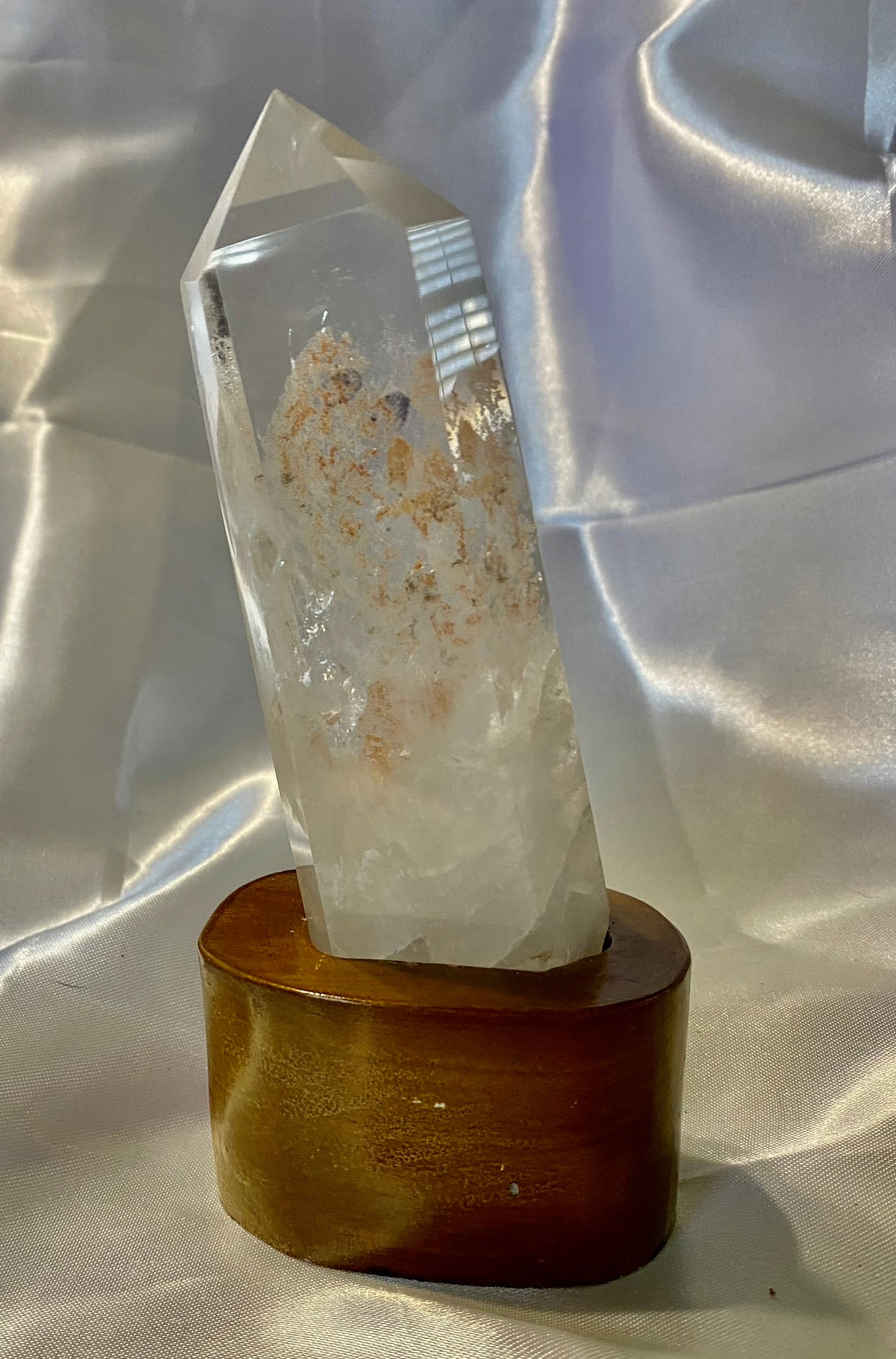 Clear Quartz Tower with Custom-Carved Wooden Stand