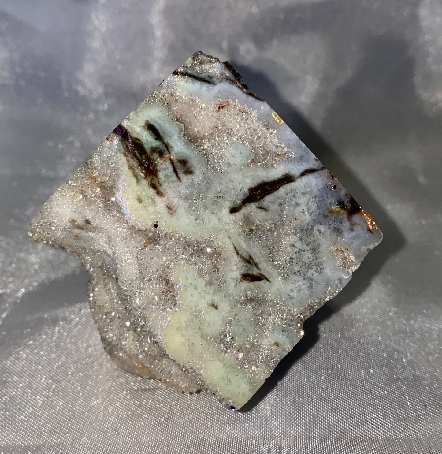 Sphalerite Cube with Aura m- stone cube sculpture with white sparkling crystalline drusy druzy