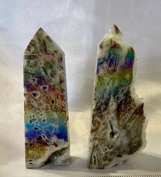 Sphalerite Point with Aura l23 - white gray multicolored mini-tower sculpture with crystalline druzy drusy