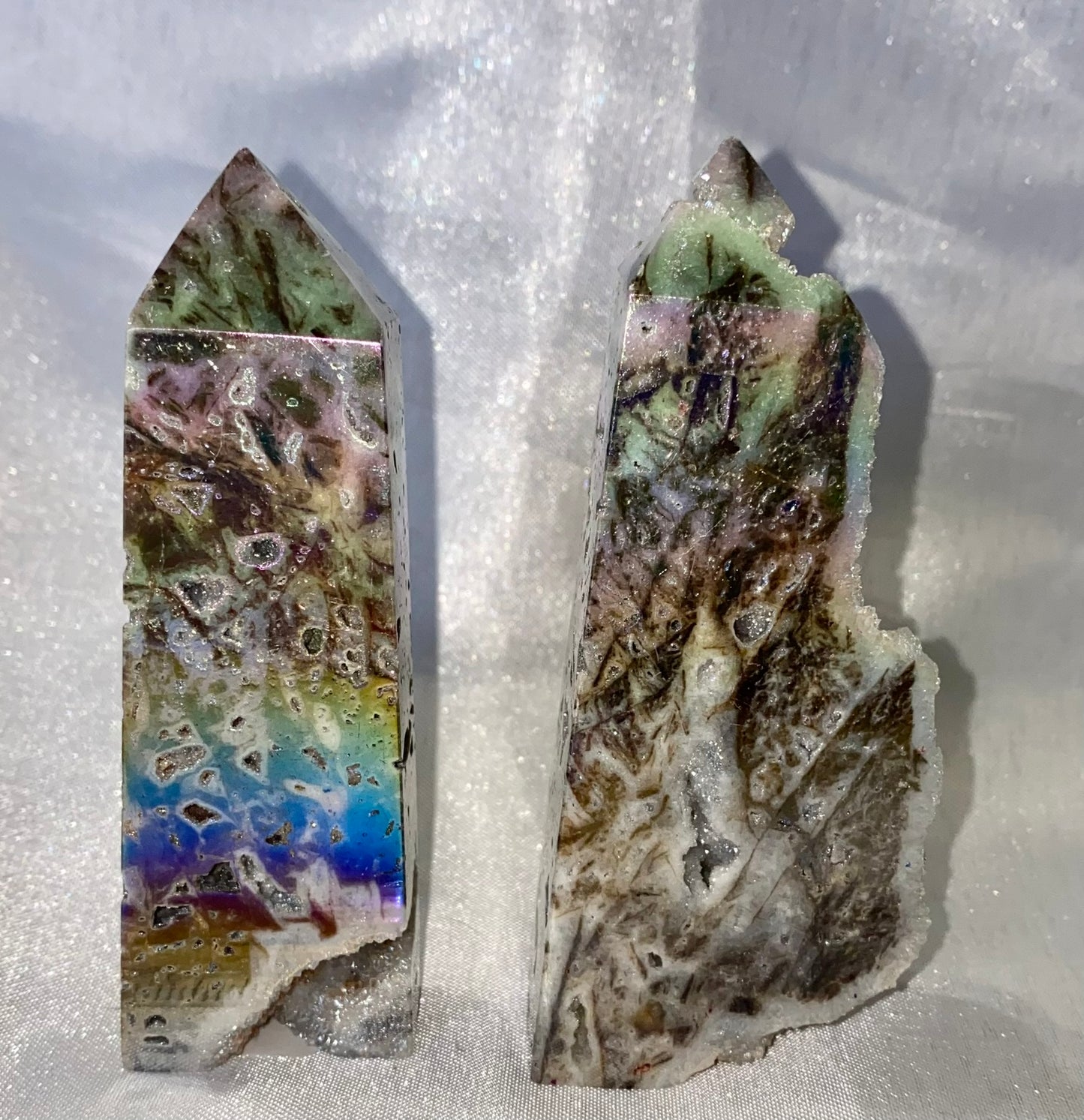 Sphalerite Point with Aura l23 - white gray multicolored mini-tower sculpture with crystalline druzy drusy