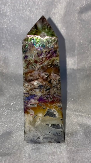 Sphalerite Point with Aura l23 - white gray multicolored mini-tower sculpture with crystalline druzy drusy