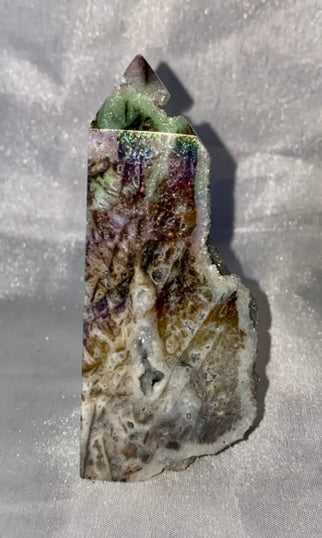 Sphalerite Point with Aura l23 - white gray multicolored mini-tower sculpture with crystalline druzy drusy