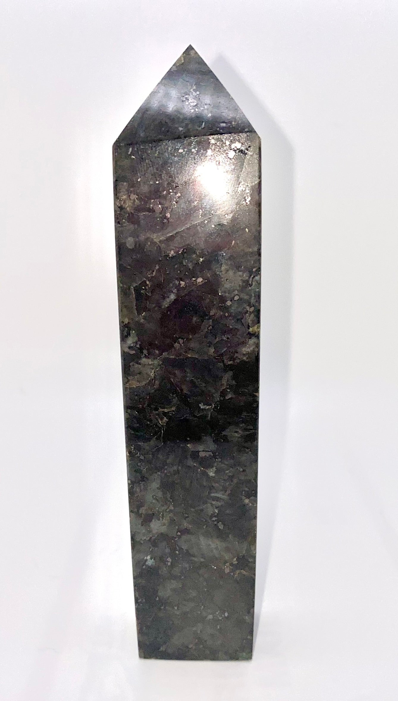 Larvikite Tower 1s - black silver polished sparking stone sculpture