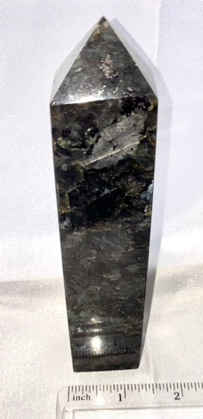 Larvikite Tower 1s - black silver polished sparking stone sculpture