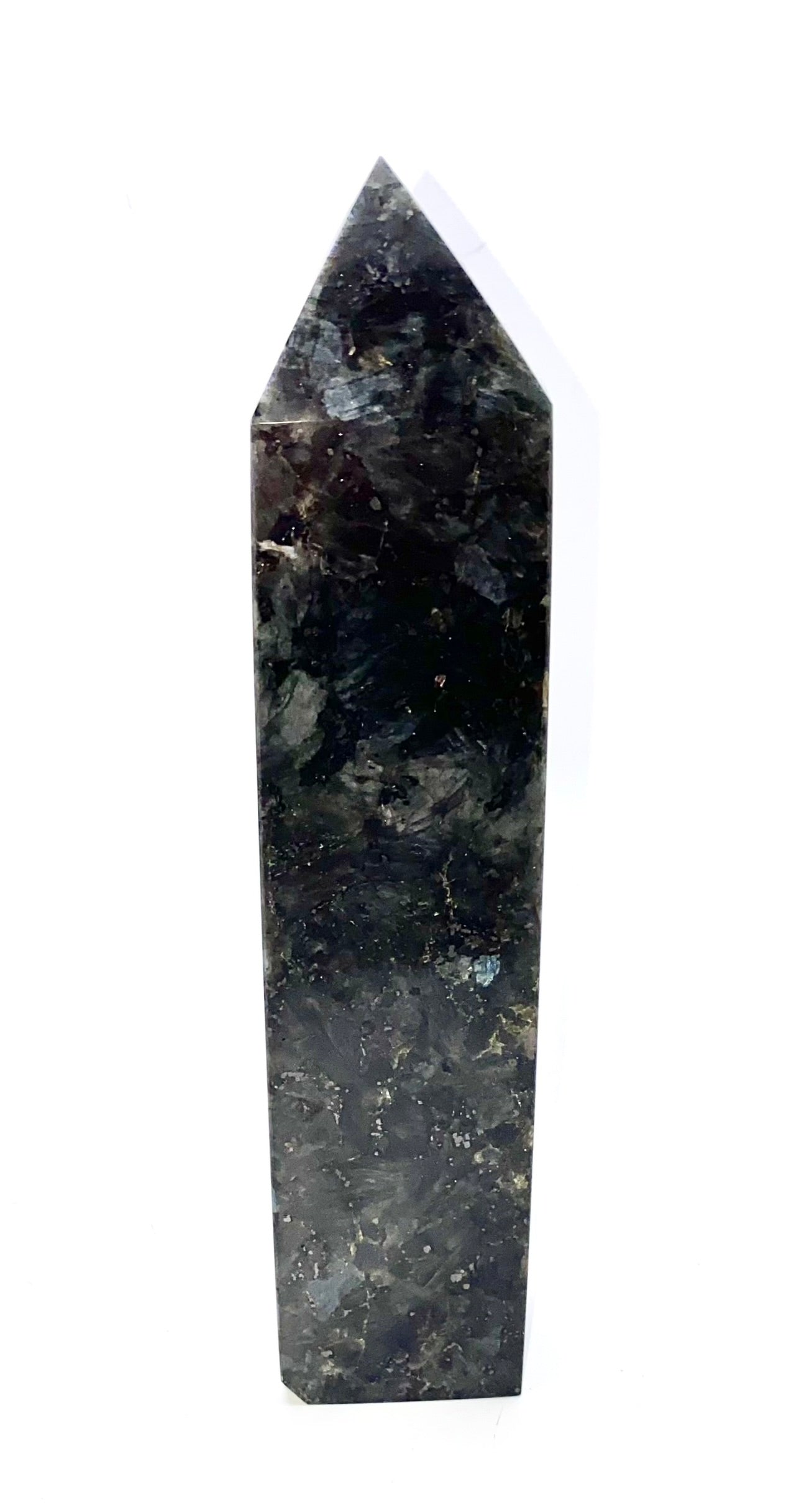 Larvikite Tower 4-8m - black and silver polished sparkly stone sculpture