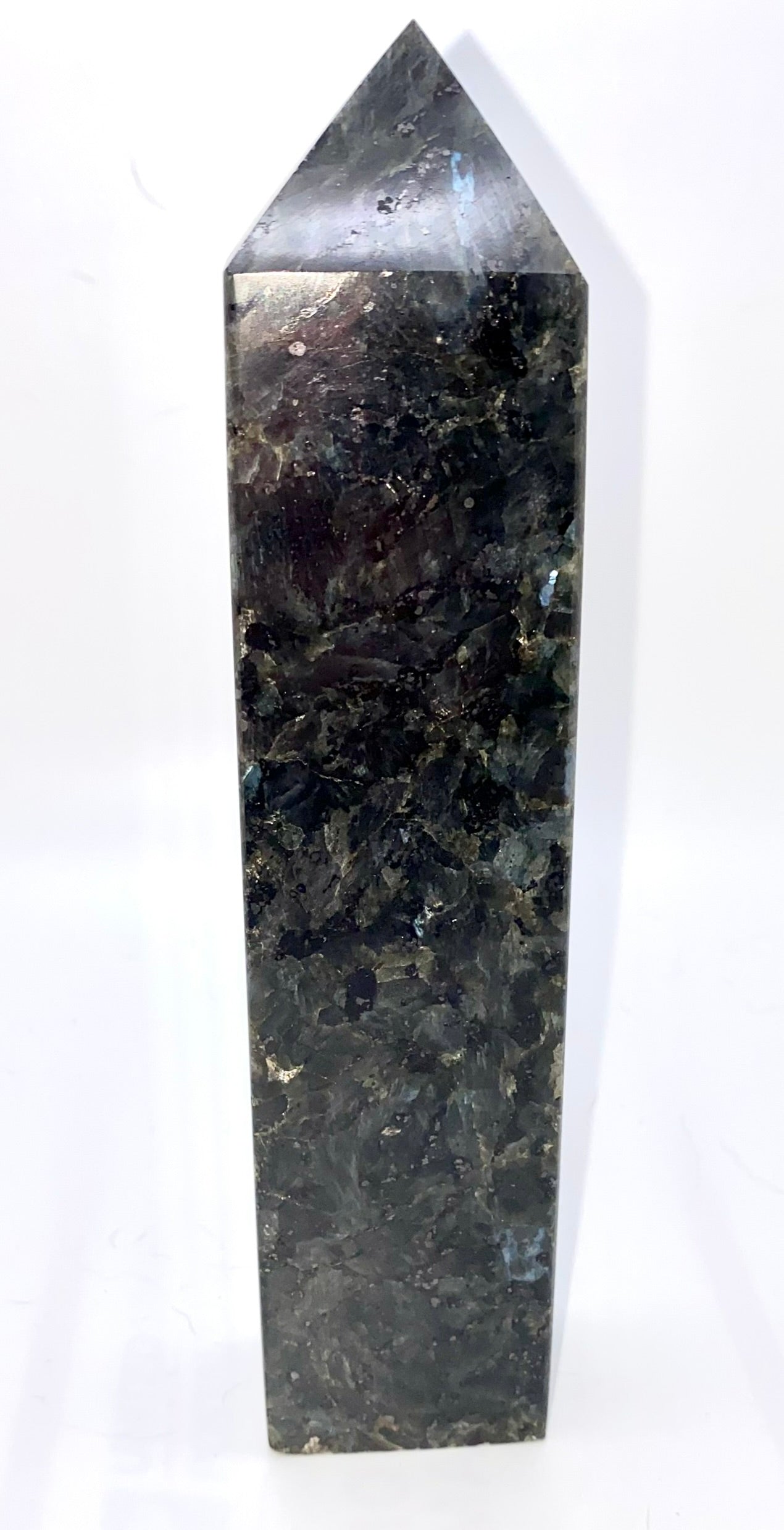 Larvikite Tower 4-8m - black and silver polished sparkly stone sculpture