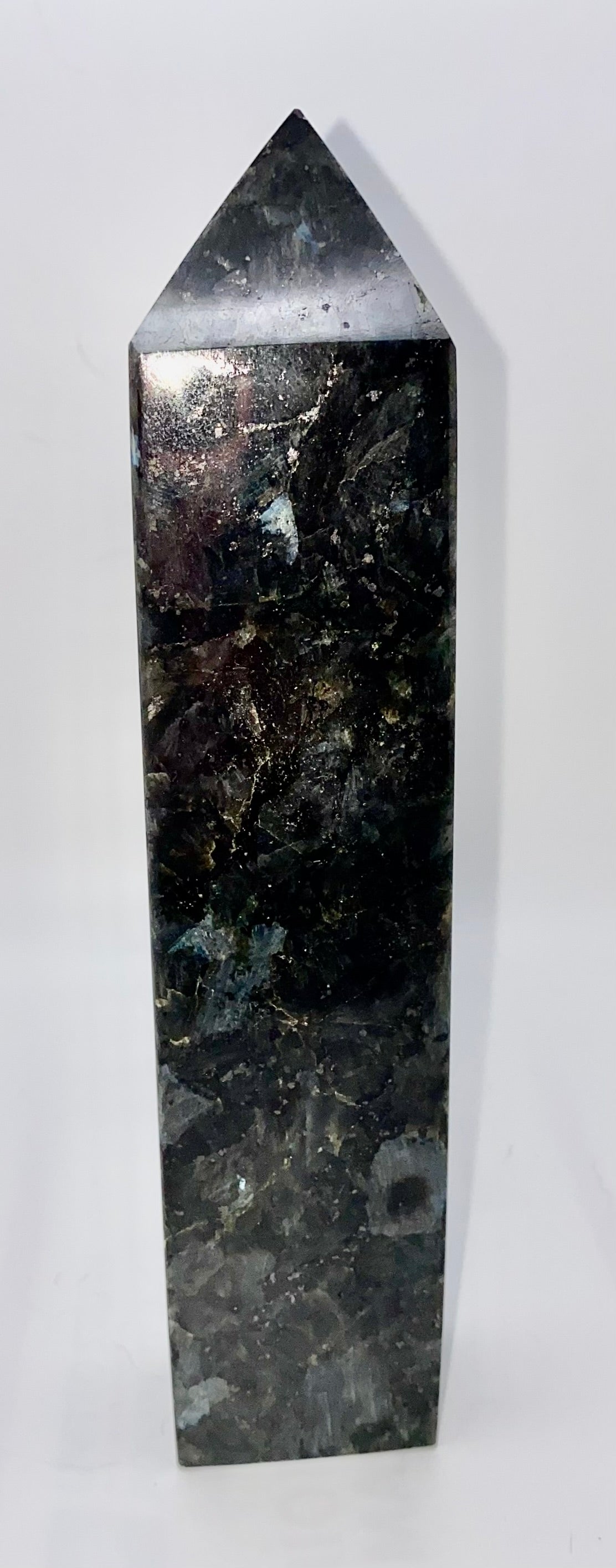 Larvikite Tower 4-8m - black and silver polished sparkly stone sculpture