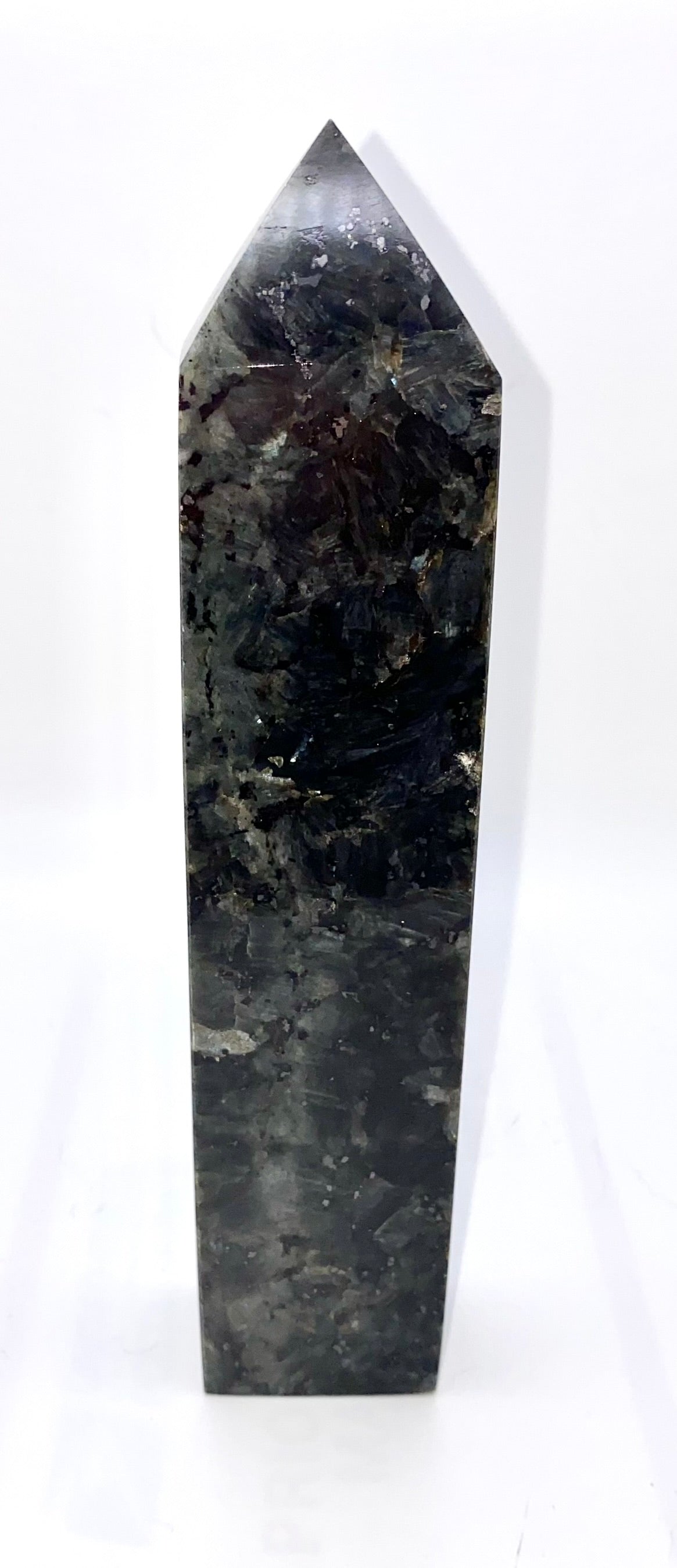 Larvikite Tower 4-8m - black and silver polished sparkly stone sculpture