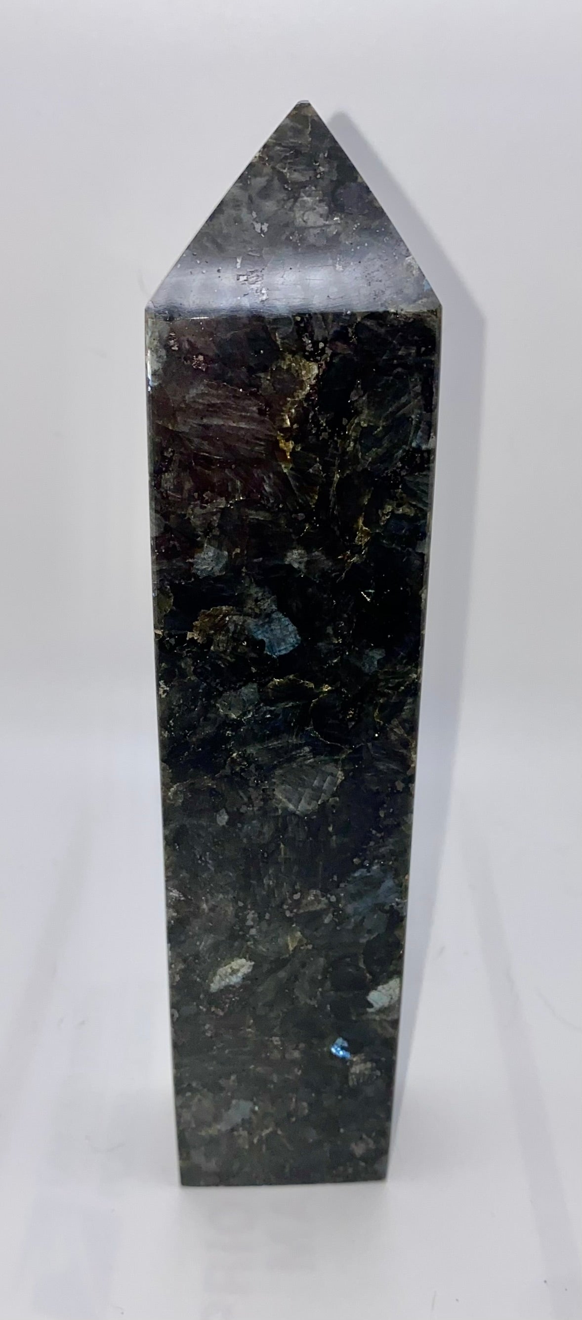 Larvikite Tower 4-8m - black and silver polished sparkly stone sculpture