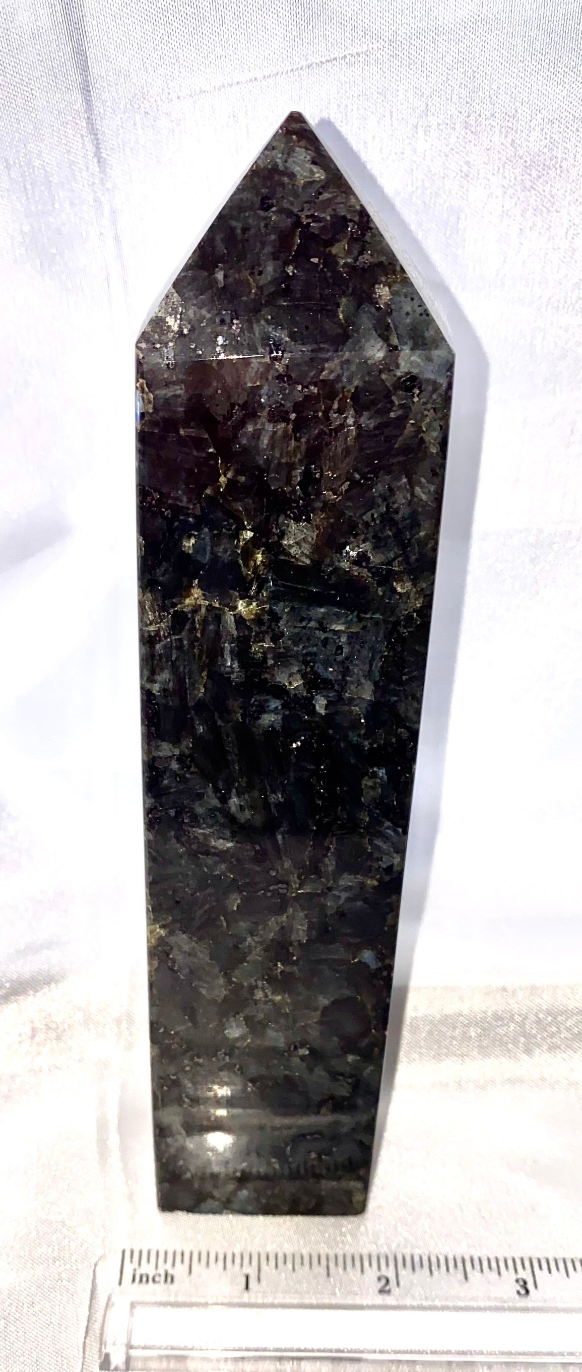 Larvikite Tower 4-8m - black and silver polished sparkly stone sculpture