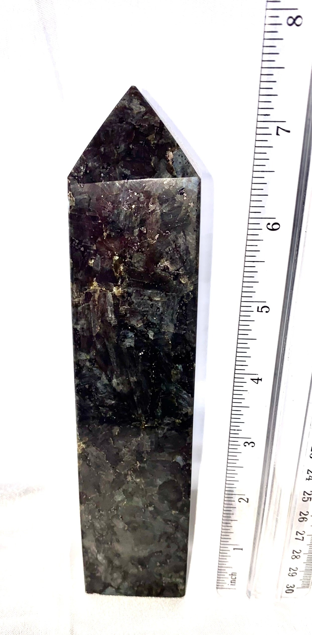 Larvikite Tower 4-8m - black and silver polished sparkly stone sculpture