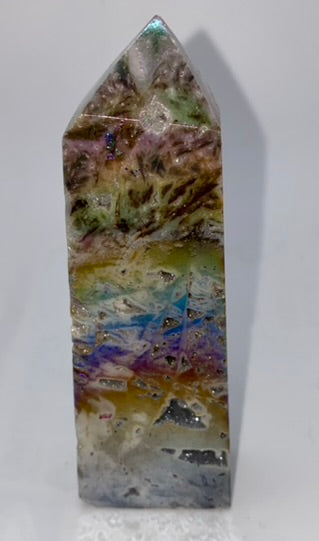 Sphalerite Point with Aura l23 - white gray multicolored mini-tower sculpture with crystalline druzy drusy