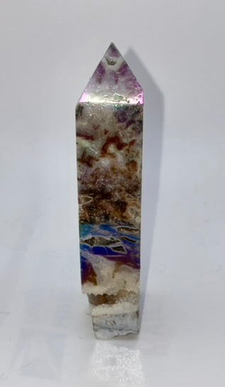 Sphalerite Point with Aura l23 - white gray multicolored mini-tower sculpture with crystalline druzy drusy