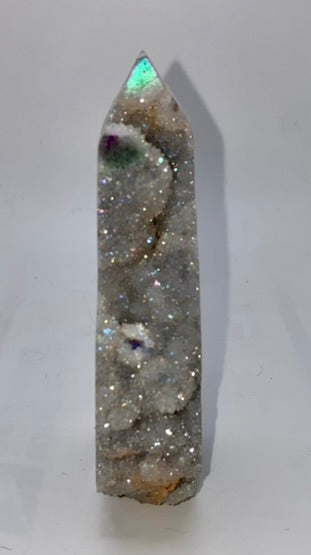 Sphalerite Point with Aura l23 - white gray multicolored mini-tower sculpture with crystalline druzy drusy