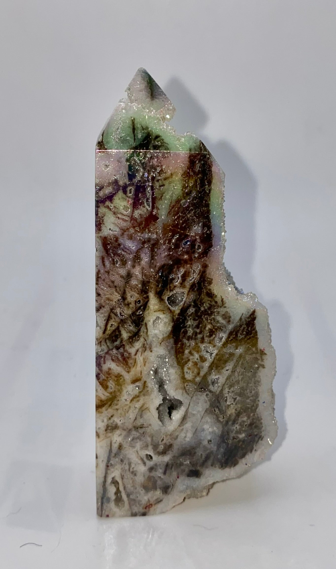 Sphalerite Point with Aura l23 - white gray multicolored mini-tower sculpture with crystalline druzy drusy