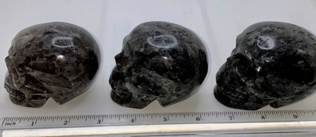 Larvikite Skull Sculpture Figurine - Halloween decor, spooky polished stone sculpture