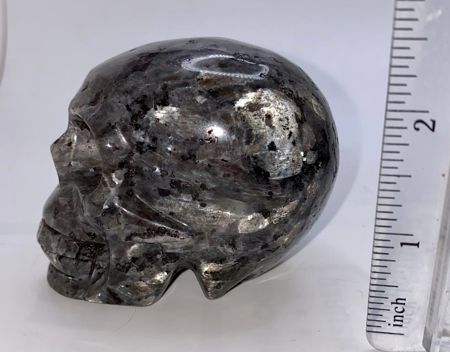 Larvikite Skull Sculpture Figurine - Halloween decor, spooky polished stone sculpture