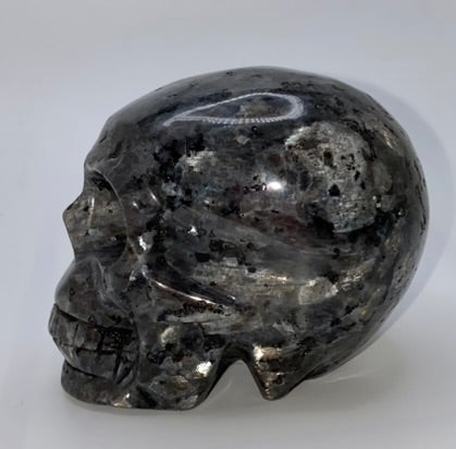 Larvikite Skull Sculpture Figurine - Halloween decor, spooky polished stone sculpture