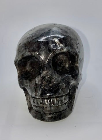 Larvikite Skull Sculpture Figurine - Halloween decor, spooky polished stone sculpture