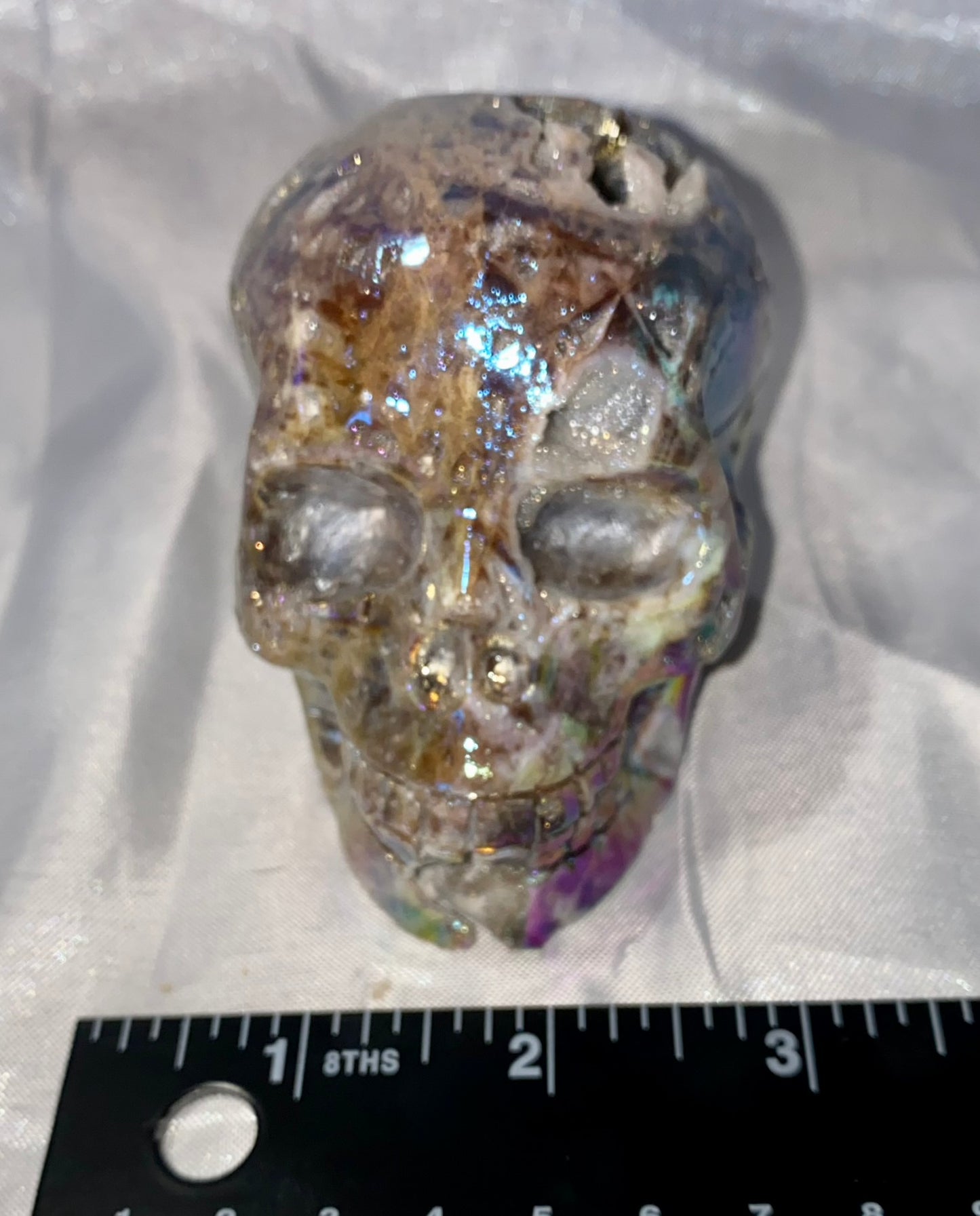 Sphalerite Stone Skull Sculpture with Aura l1-7, with amazing druzy drusy pockets and crystals - Halloween decor, spooky polished stone sculpture