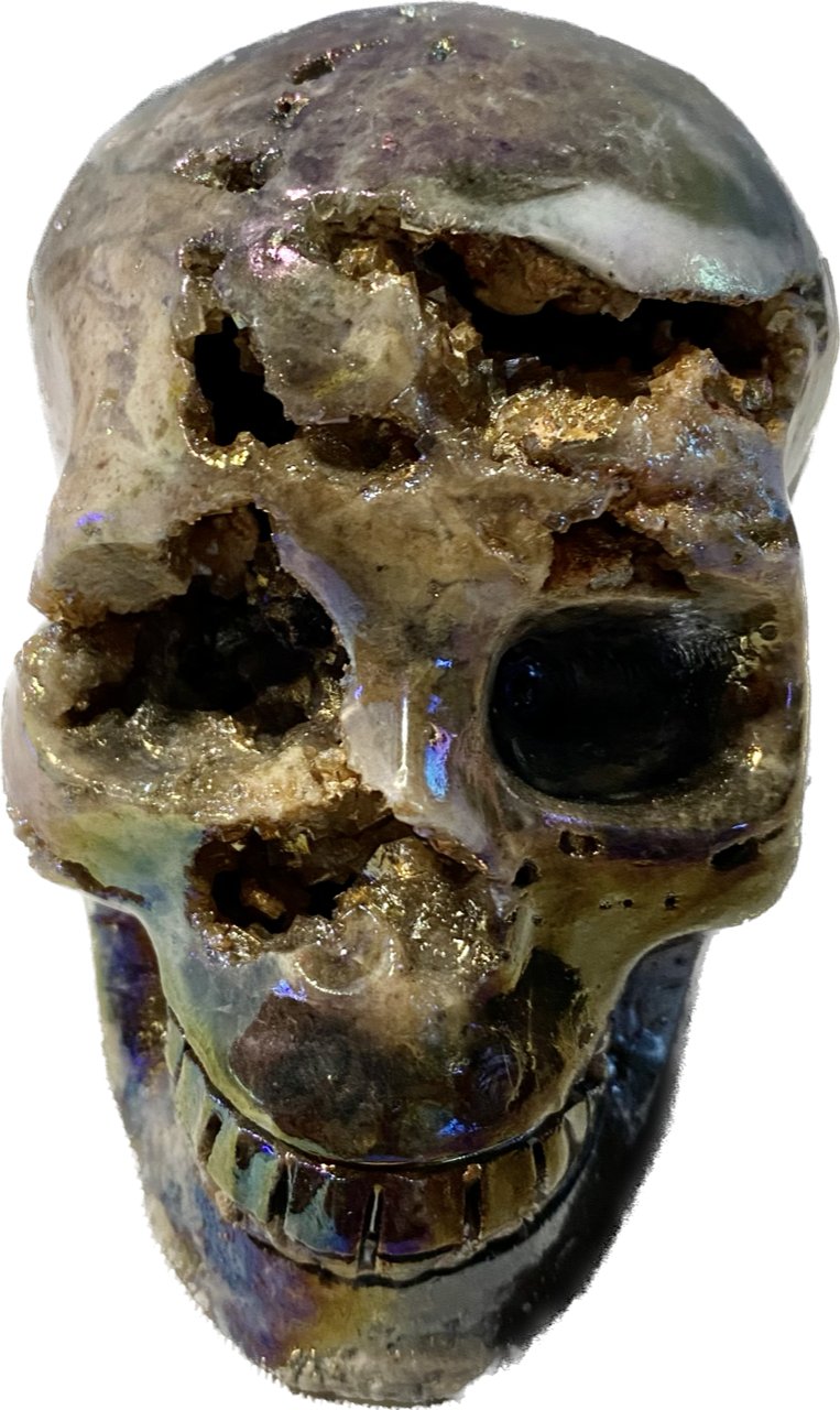 Sphalerite Stone Skull Sculpture with Aura l1-7, with amazing druzy drusy pockets and crystals - Halloween decor, spooky polished stone sculpture