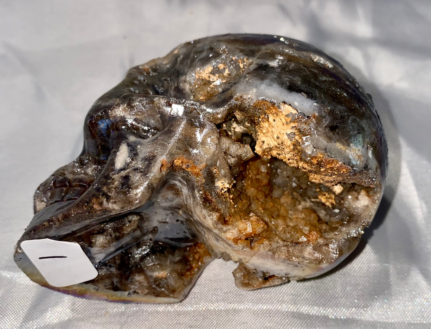 Sphalerite Stone Skull Sculpture with Aura l1-7, with amazing druzy drusy pockets and crystals - Halloween decor, spooky polished stone sculpture