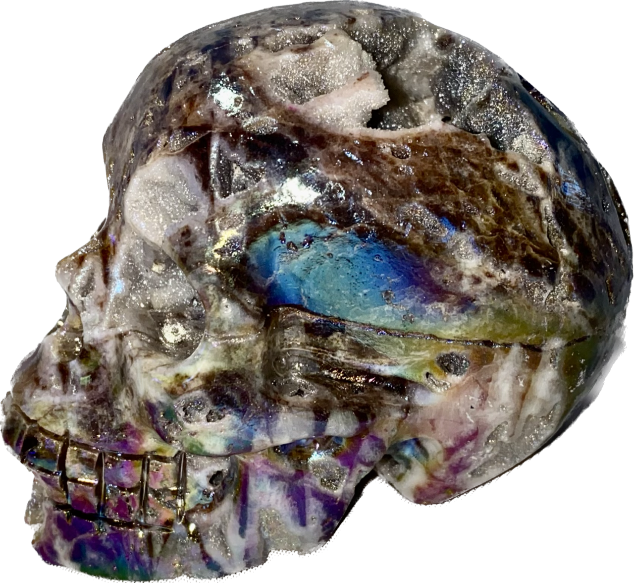 Sphalerite Stone Skull Sculpture with Aura l1-7, with amazing druzy drusy pockets and crystals - Halloween decor, spooky polished stone sculpture