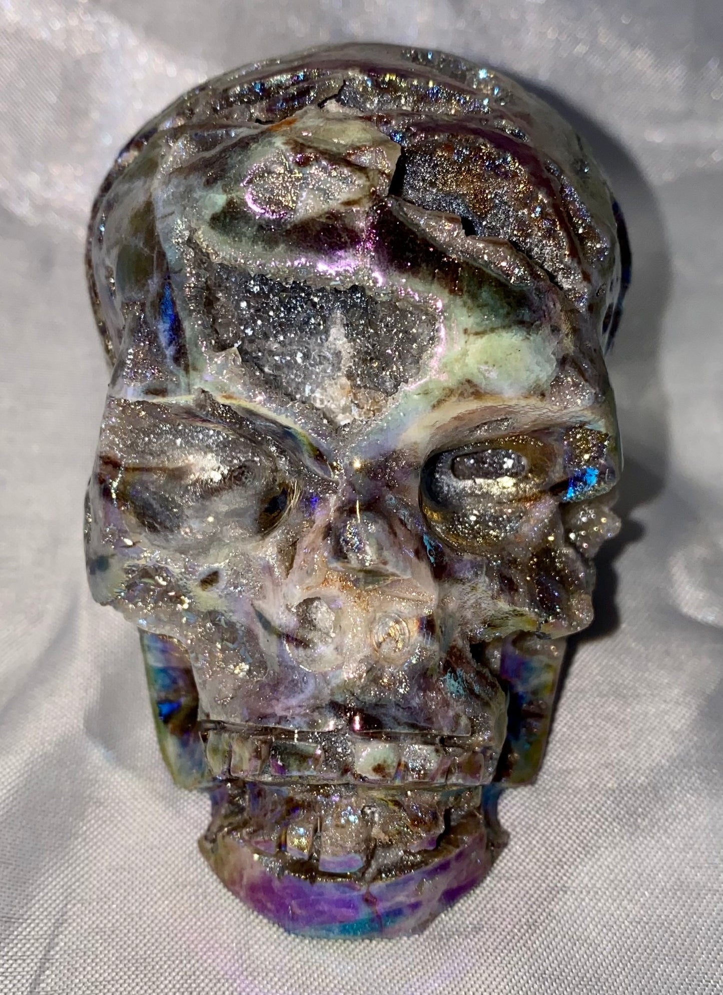 Sphalerite Stone Skull Sculpture with Aura l1-7, with amazing druzy drusy pockets and crystals - Halloween decor, spooky polished stone sculpture