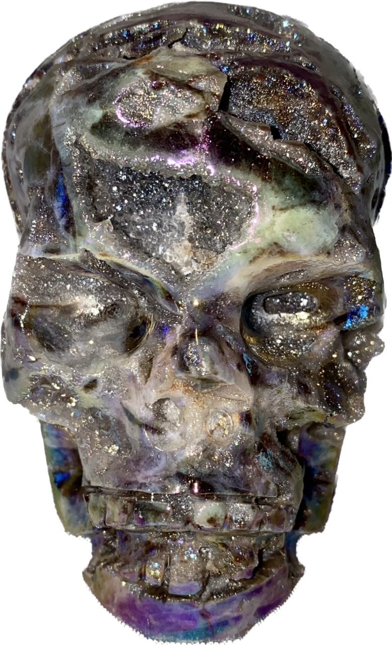 Sphalerite Stone Skull Sculpture with Aura l1-7, with amazing druzy drusy pockets and crystals - Halloween decor, spooky polished stone sculpture