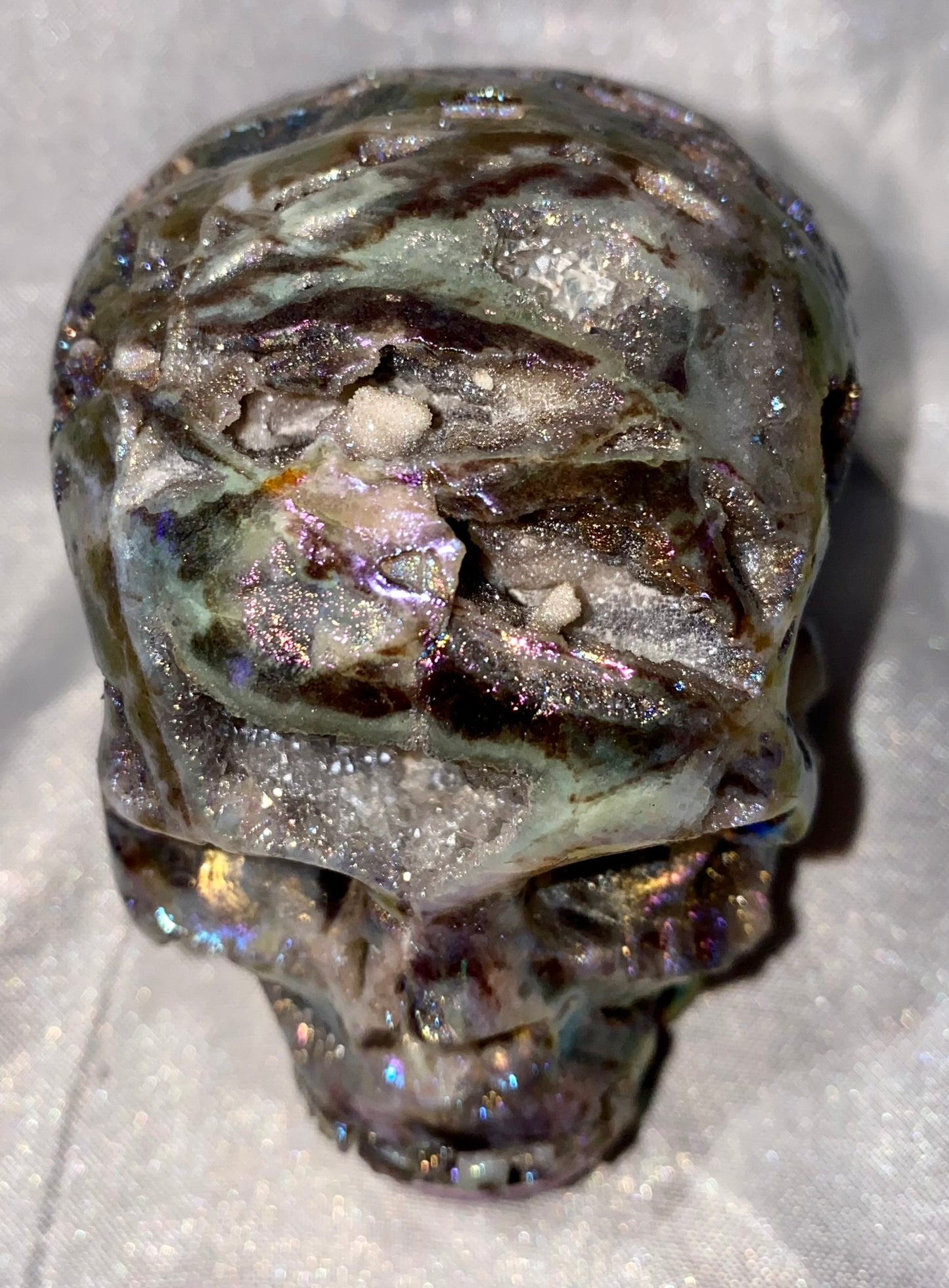 Sphalerite Stone Skull Sculpture with Aura l1-7, with amazing druzy drusy pockets and crystals - Halloween decor, spooky polished stone sculpture