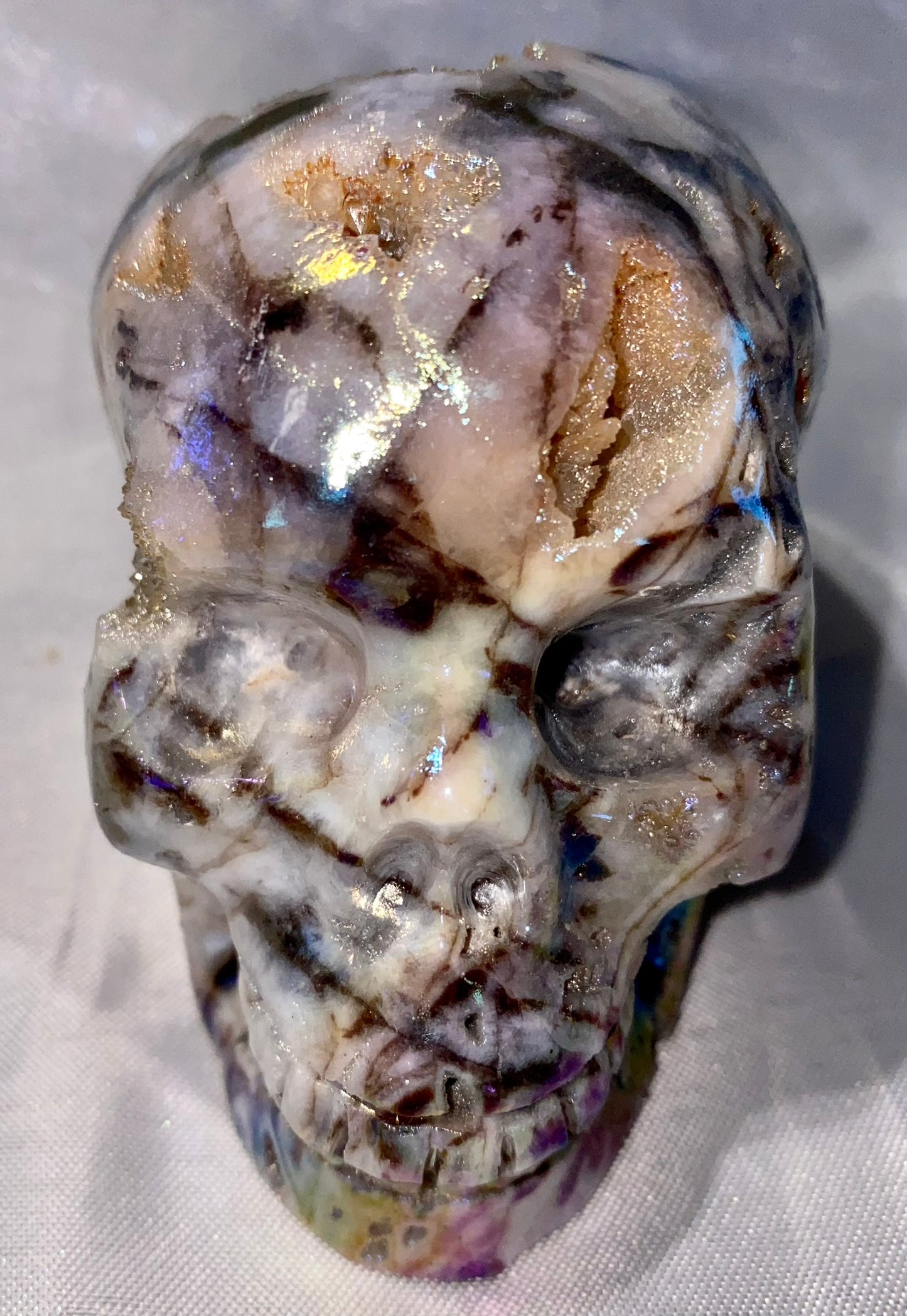 Sphalerite Stone Skull Sculpture with Aura l1-7, with amazing druzy drusy pockets and crystals - Halloween decor, spooky polished stone sculpture