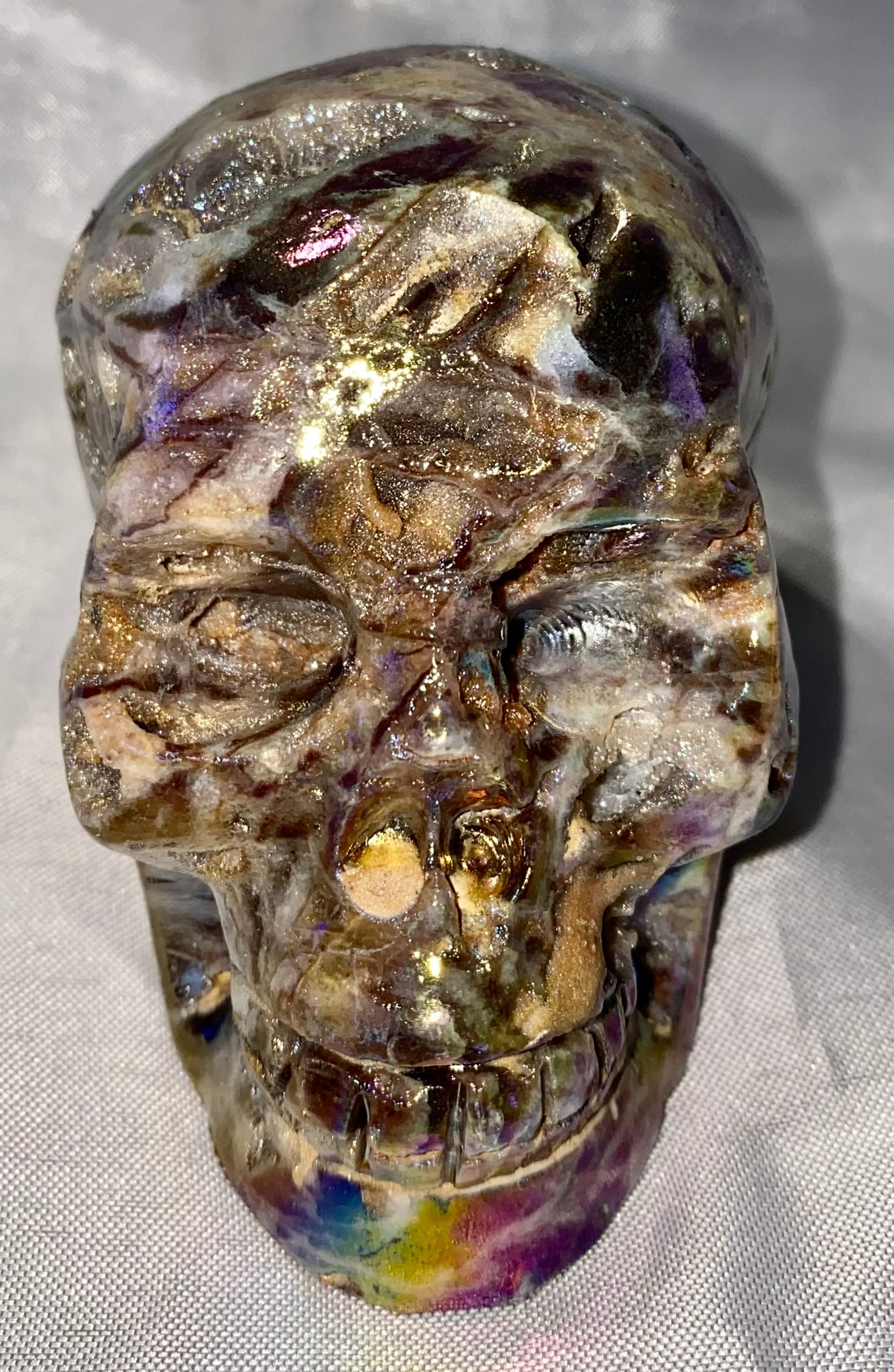 Sphalerite Stone Skull Sculpture with Aura l1-7, with amazing druzy drusy pockets and crystals - Halloween decor, spooky polished stone sculpture