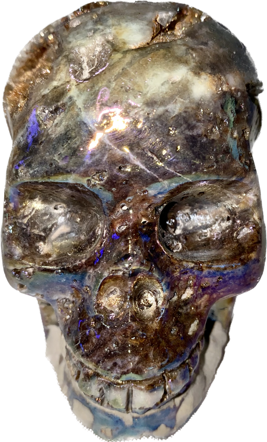 Sphalerite Stone Skull Sculpture with Aura l1-7, with amazing druzy drusy pockets and crystals - Halloween decor, spooky polished stone sculpture