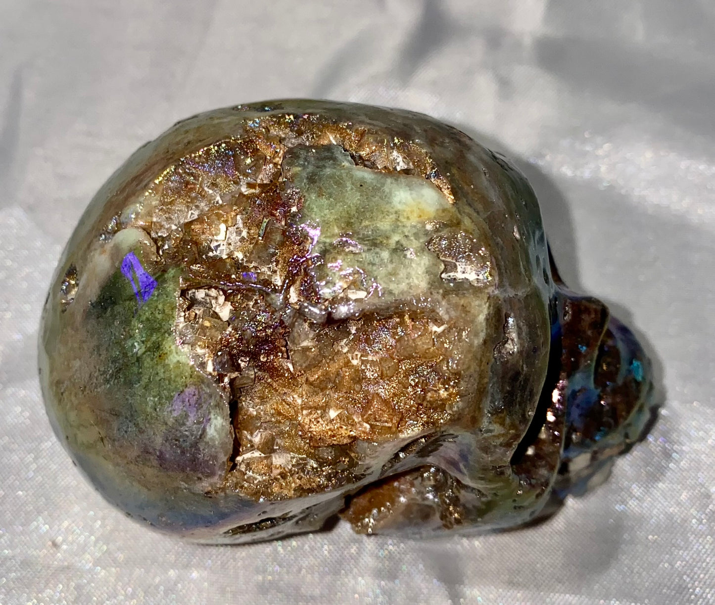 Sphalerite Stone Skull Sculpture with Aura l1-7, with amazing druzy drusy pockets and crystals - Halloween decor, spooky polished stone sculpture