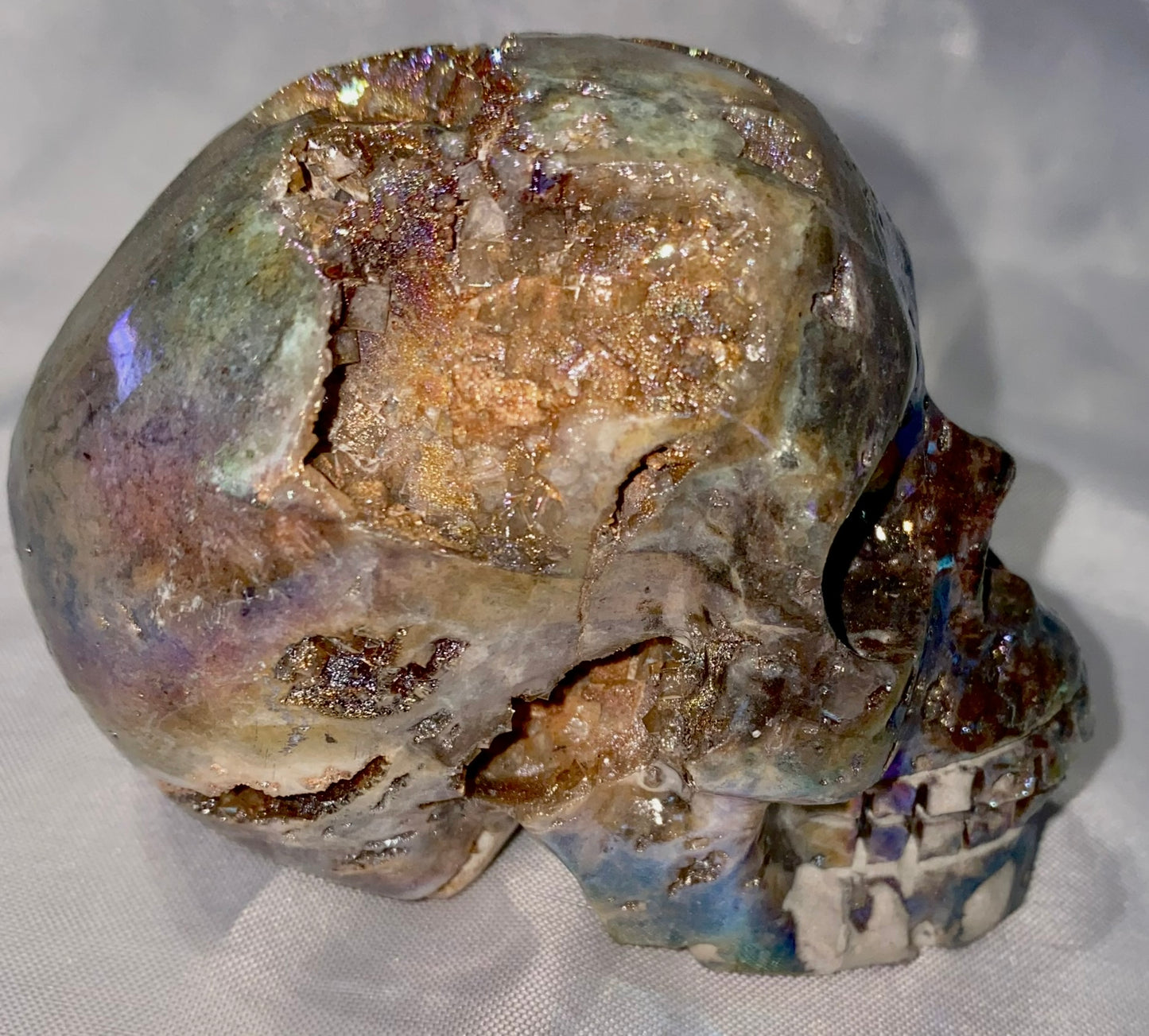 Sphalerite Stone Skull Sculpture with Aura l1-7, with amazing druzy drusy pockets and crystals - Halloween decor, spooky polished stone sculpture