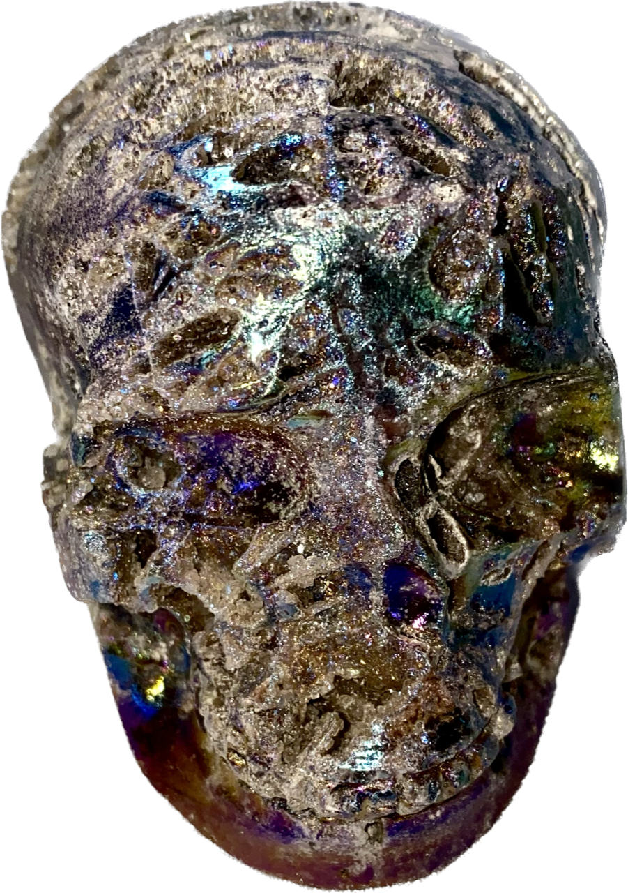 Sphalerite Aura Skull l polished stone sculpture with drusy druzy - Halloween decor, spooky polished stone sculpture